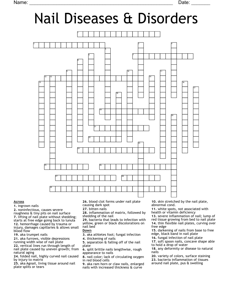 Nail Diseases & Disorders Crossword