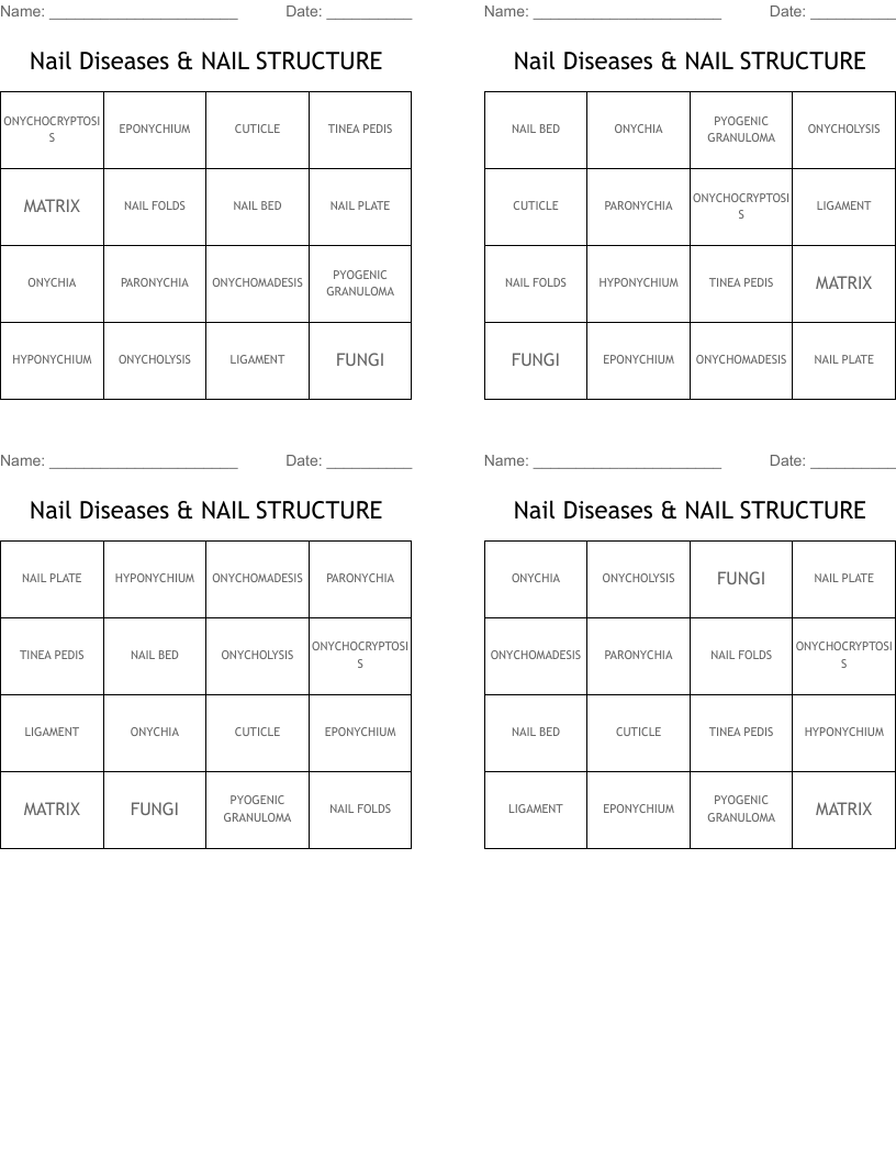 Nail Diseases & NAIL STRUCTURE Bingo Cards