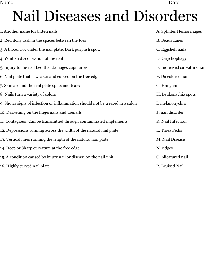 Nail Diseases and Disorders Worksheet
