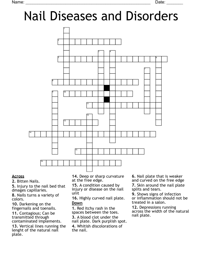 Nail Diseases and Disorders Crossword