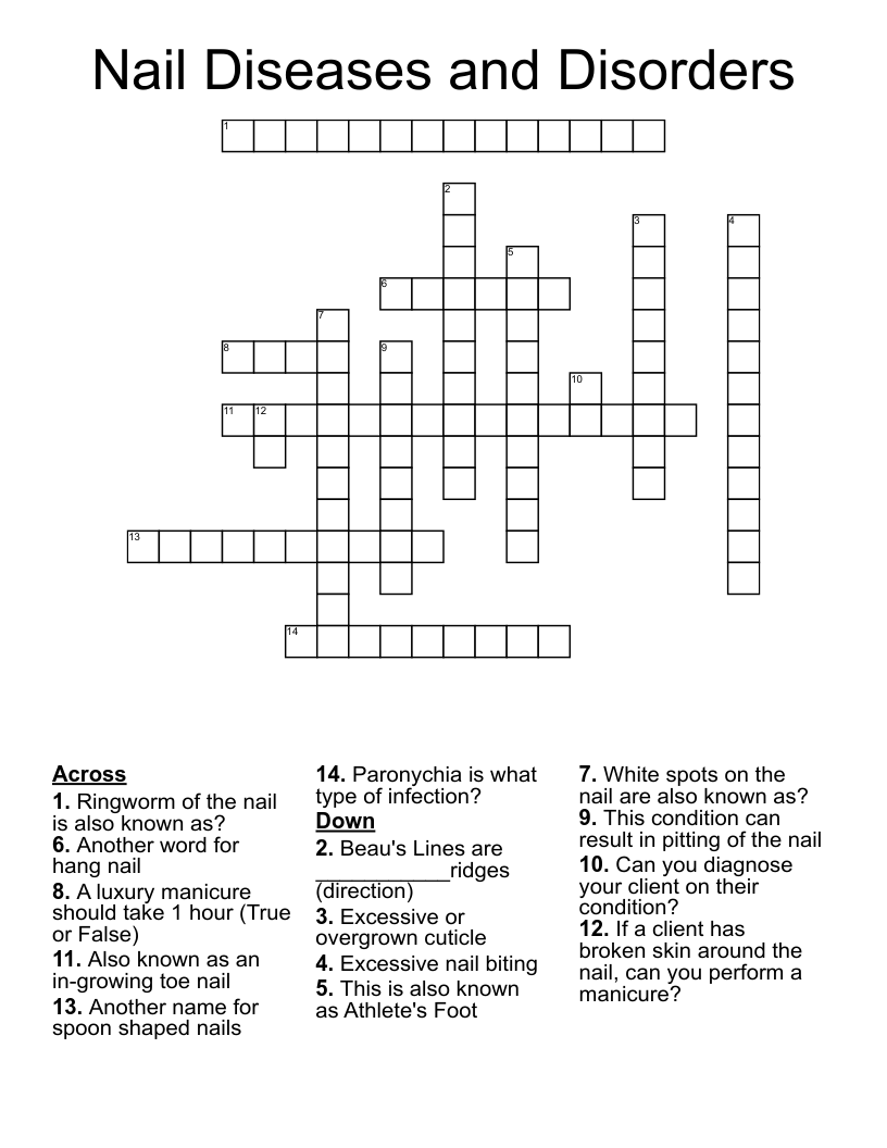 Nail Diseases and Disorders Crossword