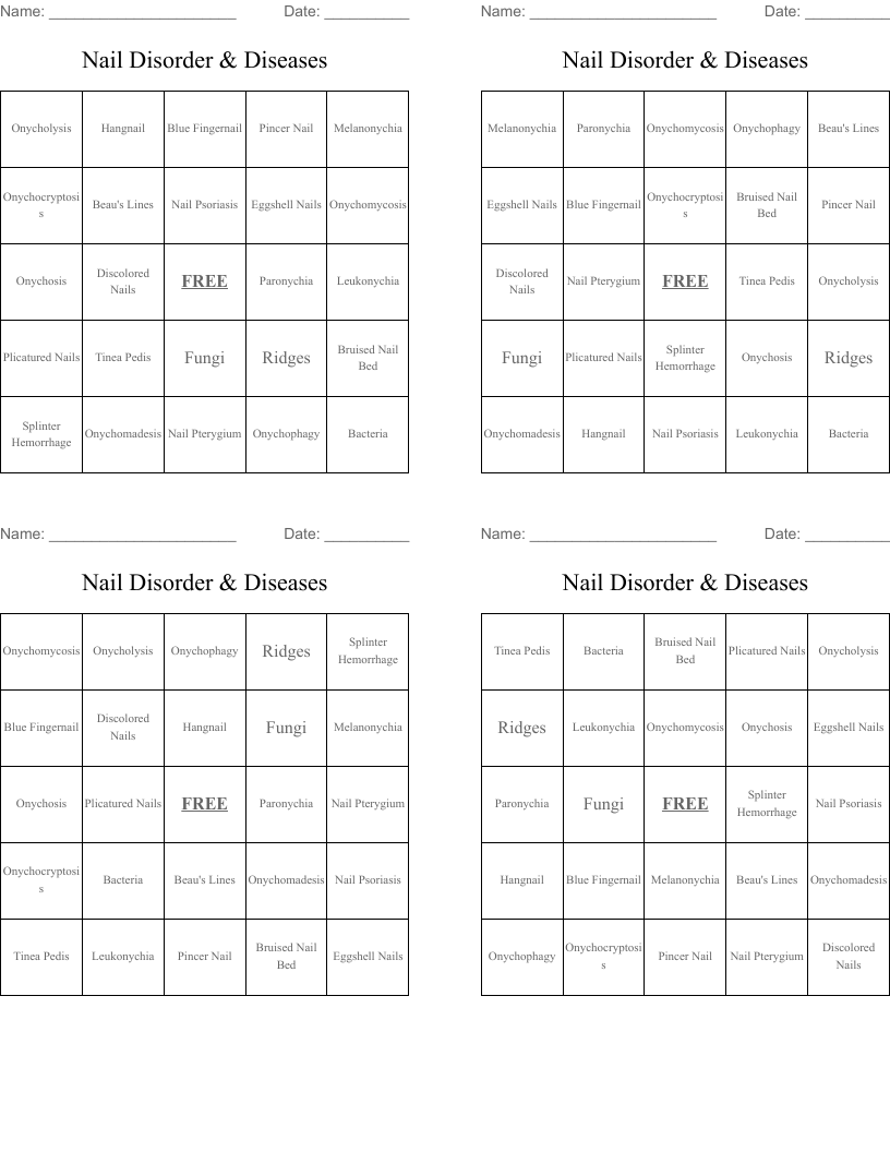 Nail Disorder & Diseases Bingo Cards