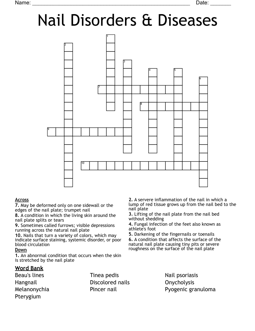 Nail Disorders & Diseases Crossword