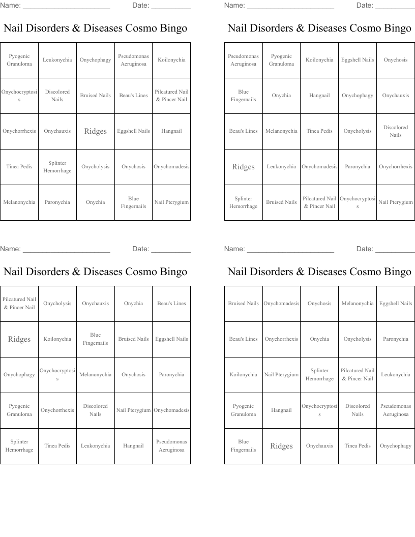 Nail Disorders & Diseases Cosmo Bingo
