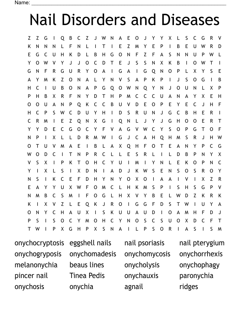 Nail Disorders and Diseases Word Search