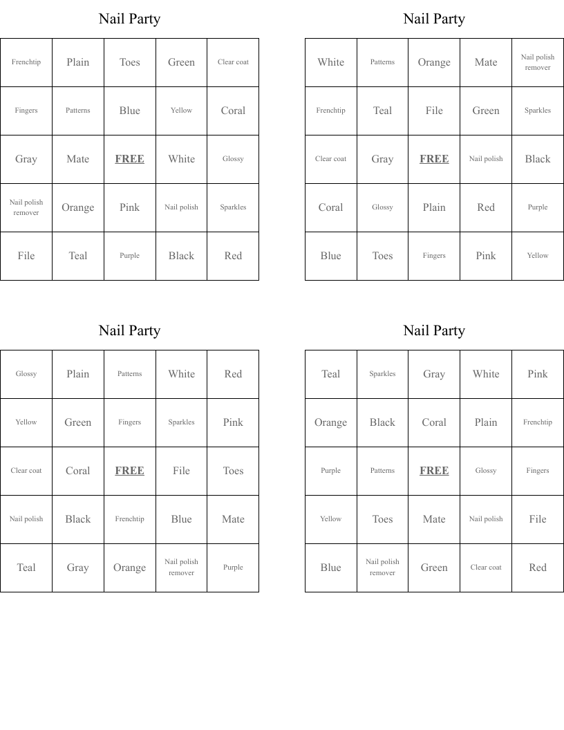 Nail Party  Bingo Cards