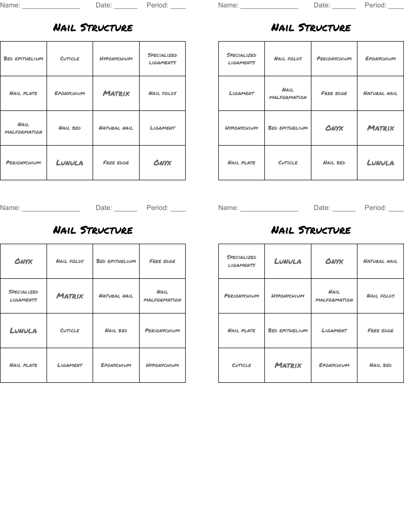 Nail Structure Bingo Cards