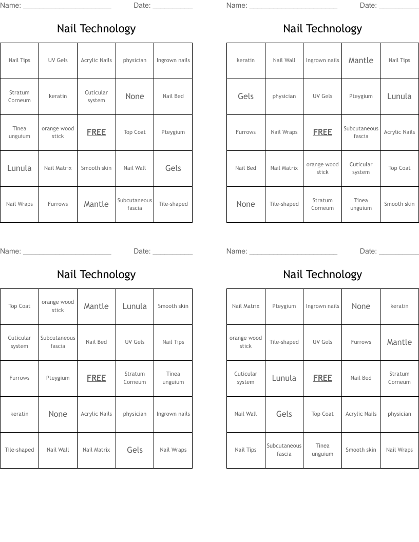 Nail Technology Bingo Cards