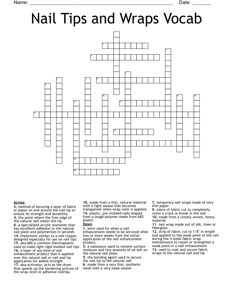 Nail Tips and Wraps Vocab Crossword