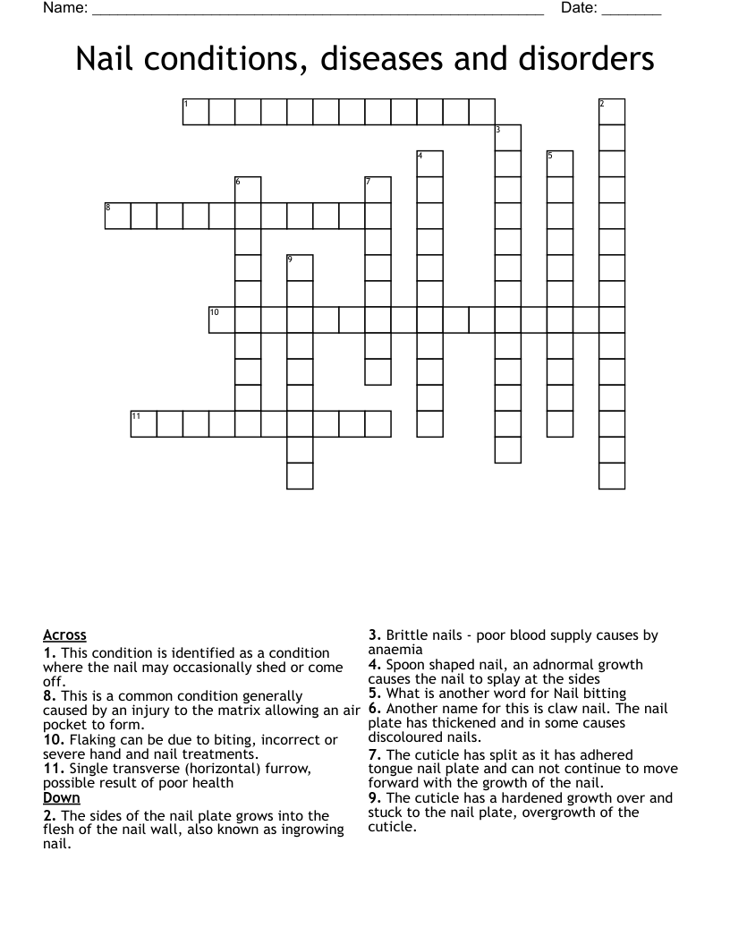 Nail conditions, diseases and disorders Crossword