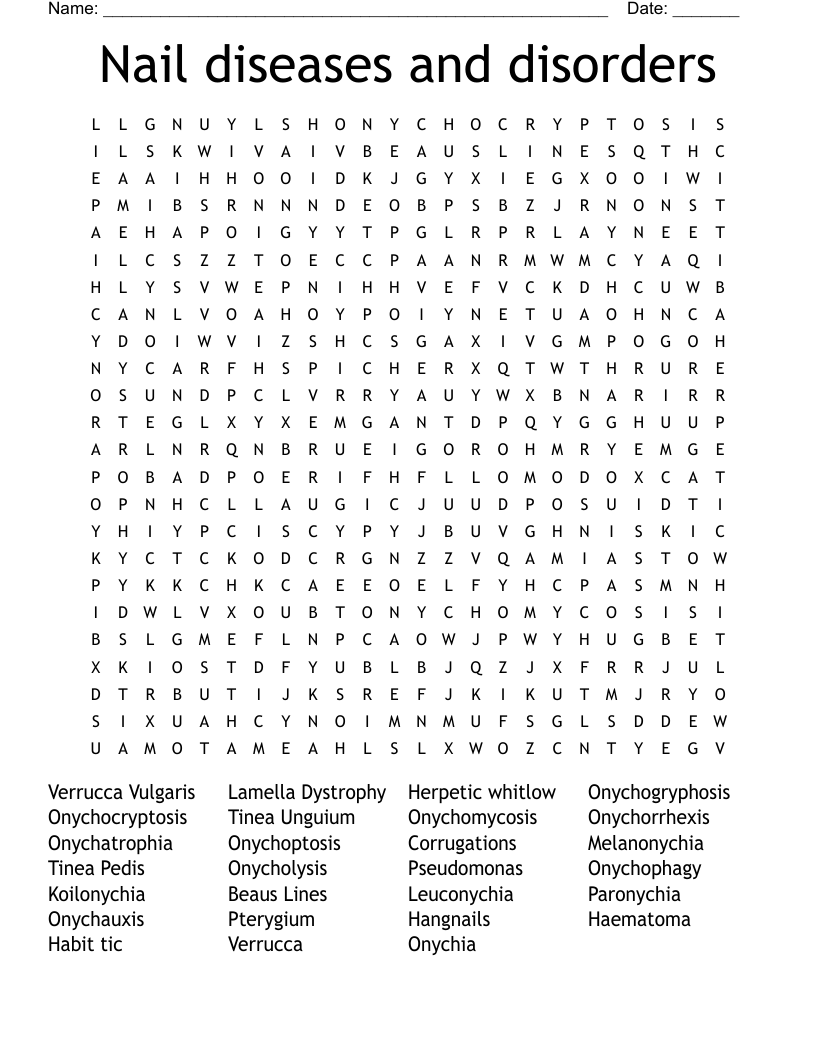 Nail diseases and disorders Word Search