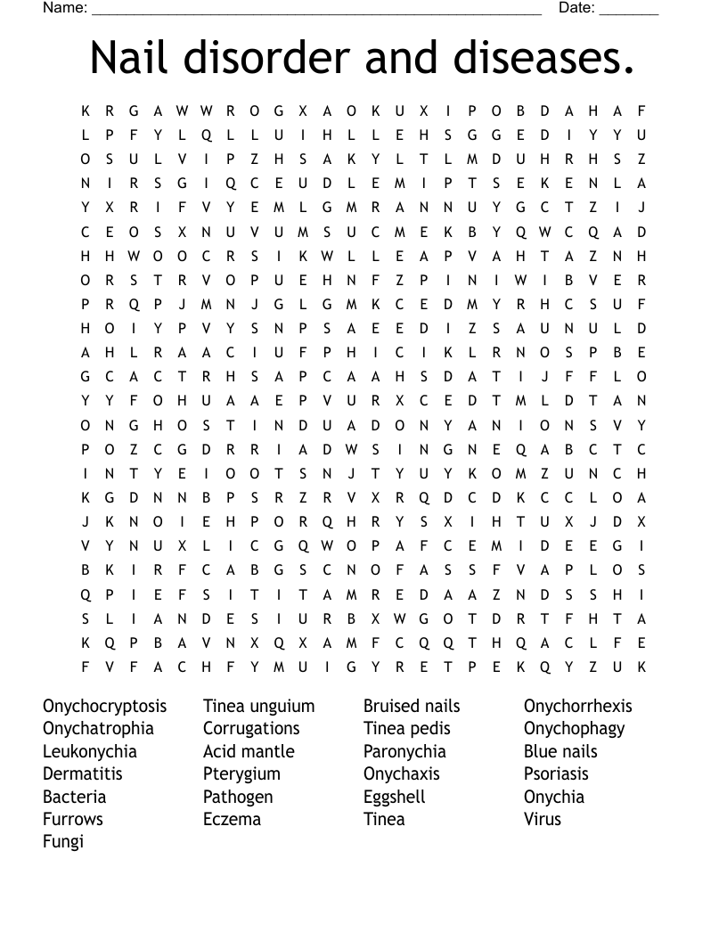 Nail disorder and diseases. Word Search
