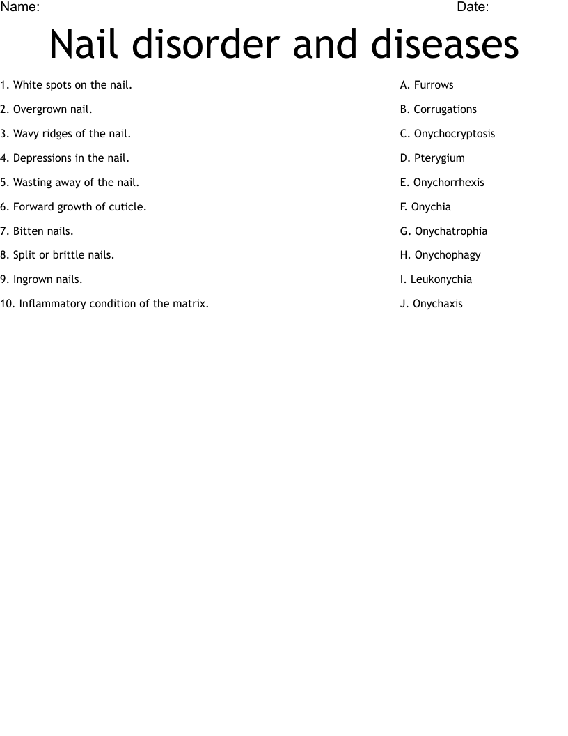 Nail disorder and diseases Worksheet