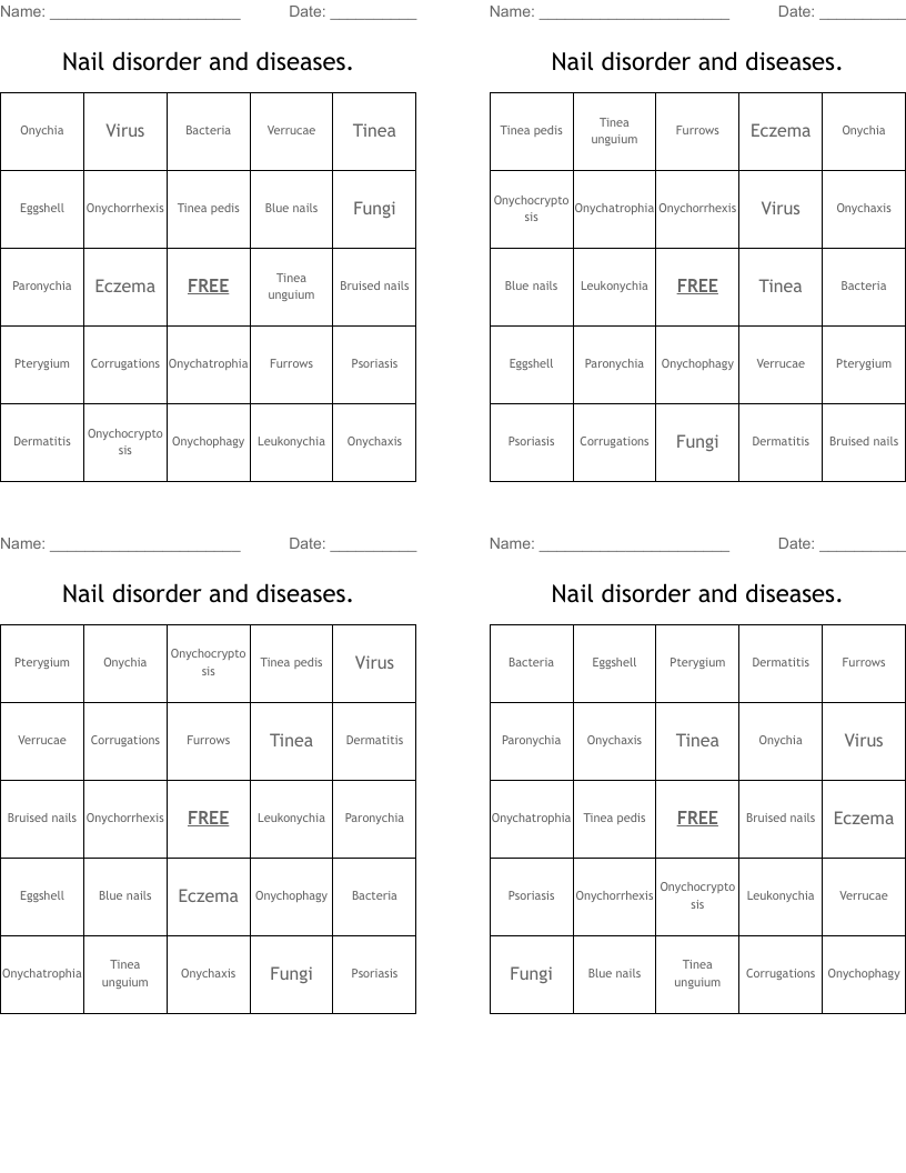Nail disorder and diseases. Bingo Cards