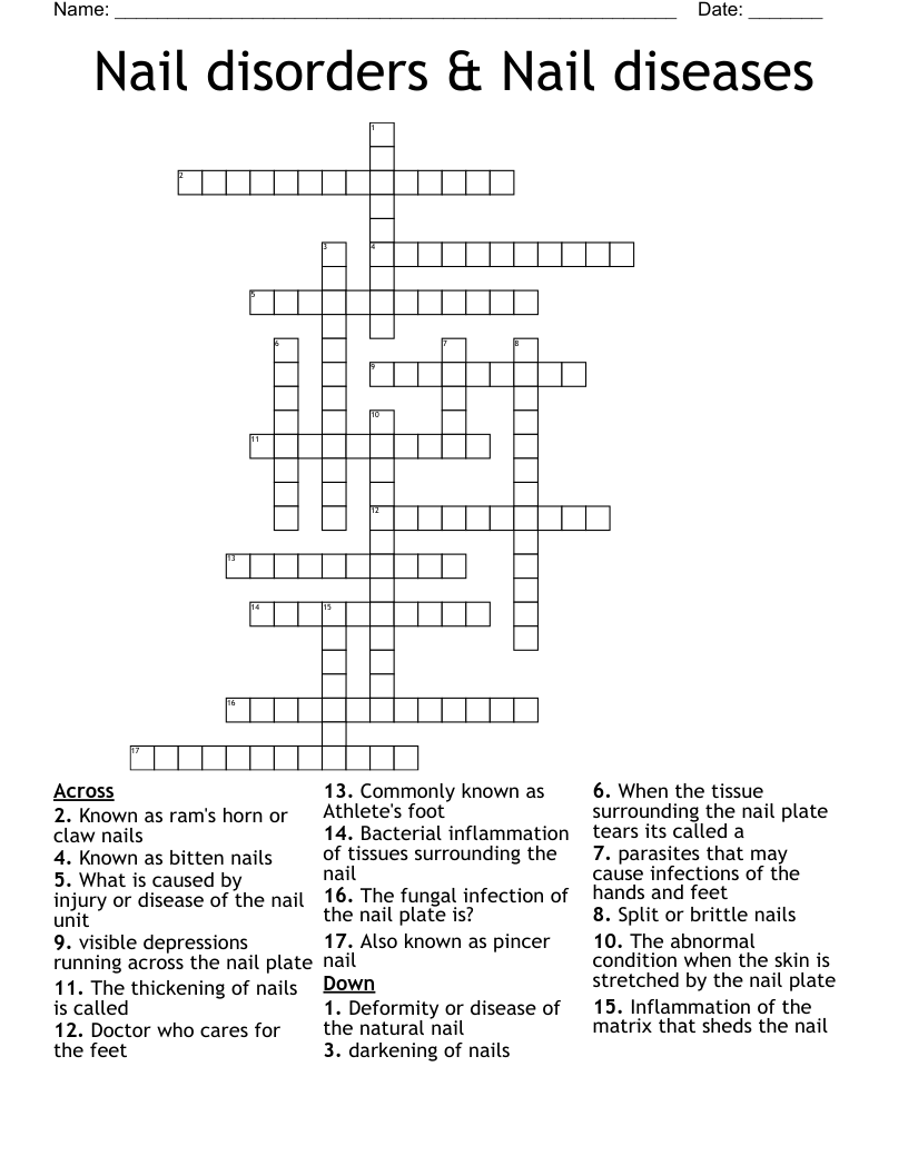 Nail disorders & Nail diseases Crossword