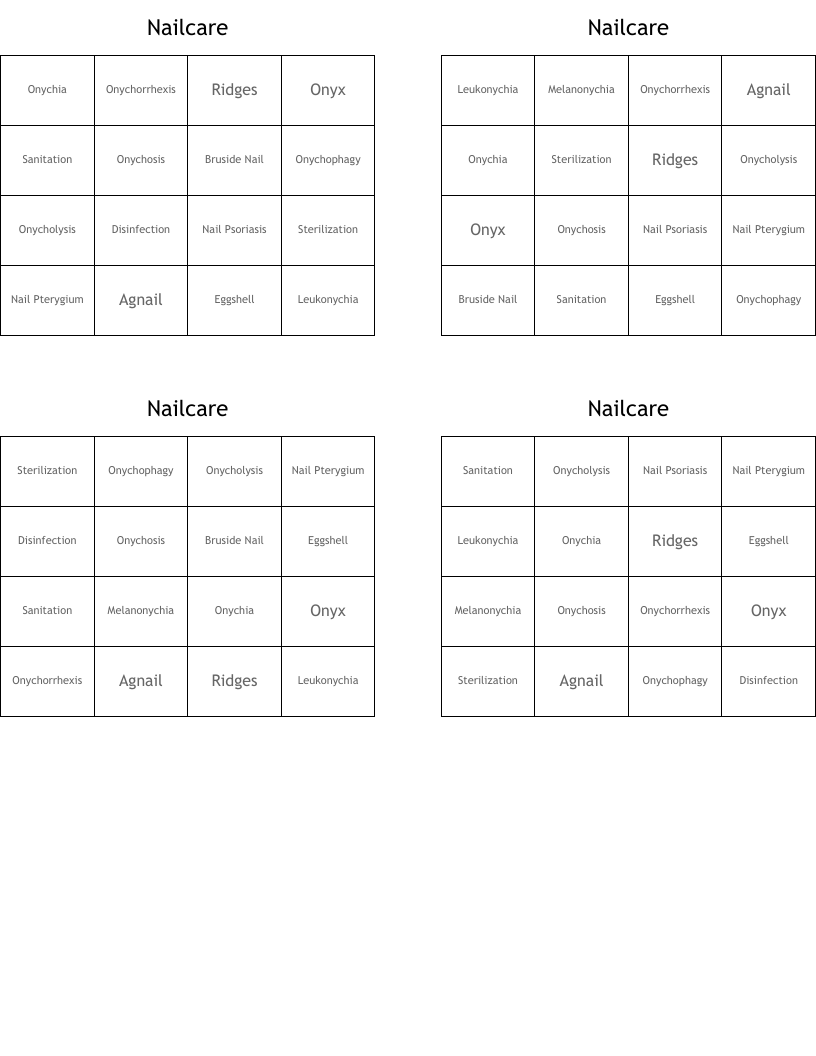 Nailcare Bingo Cards