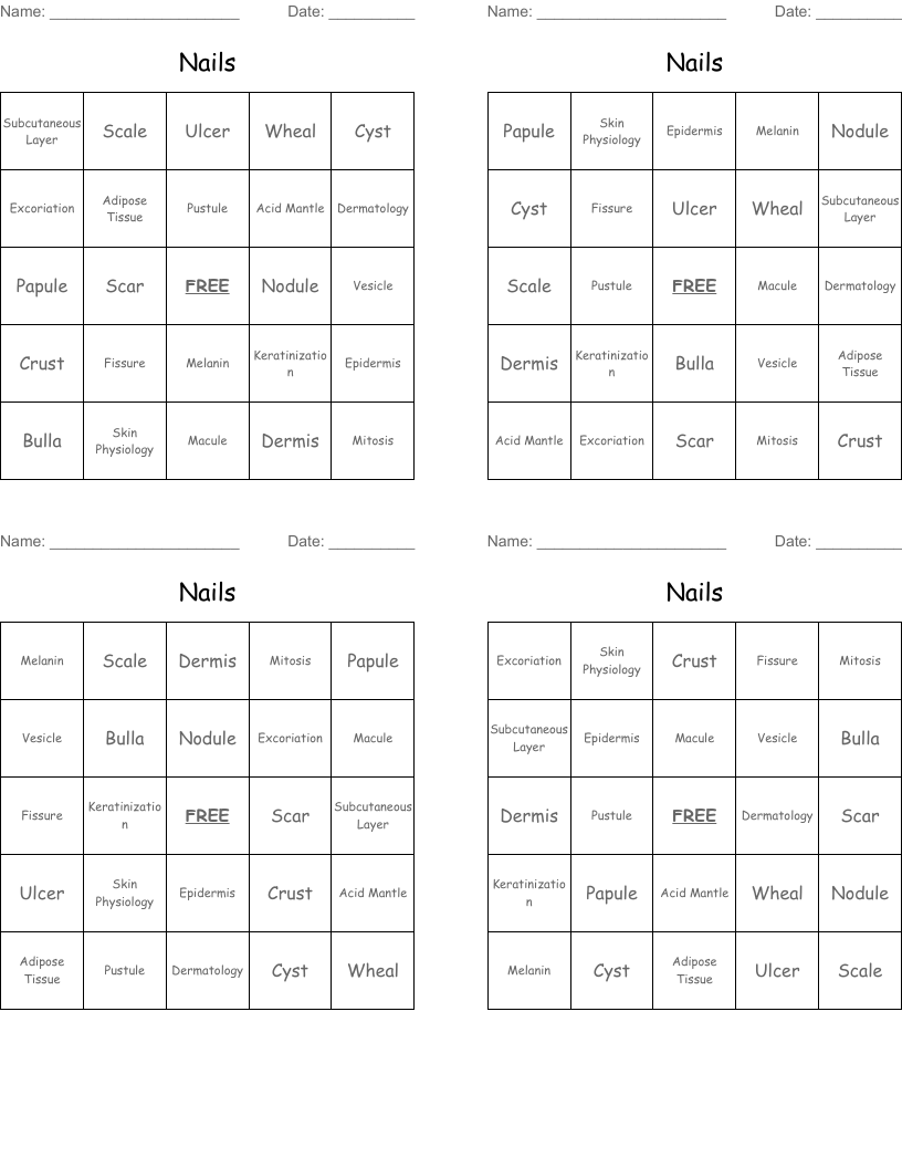 Nails  Bingo Cards