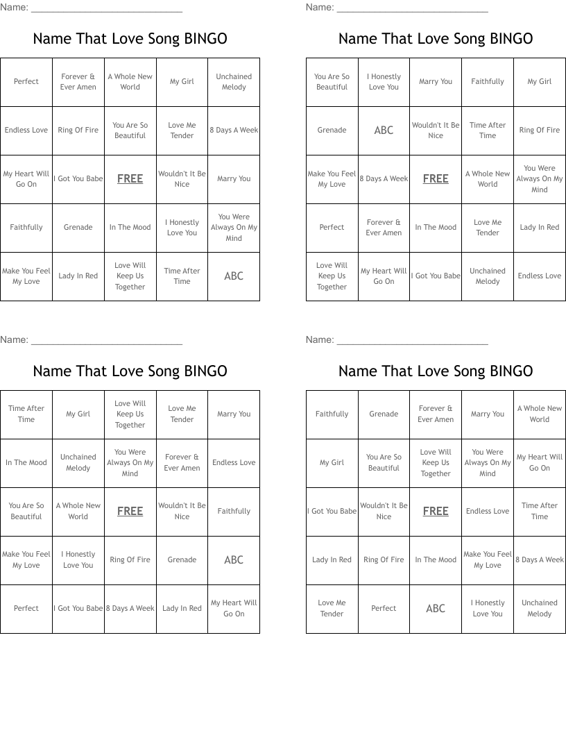 Name That Love Song BINGO