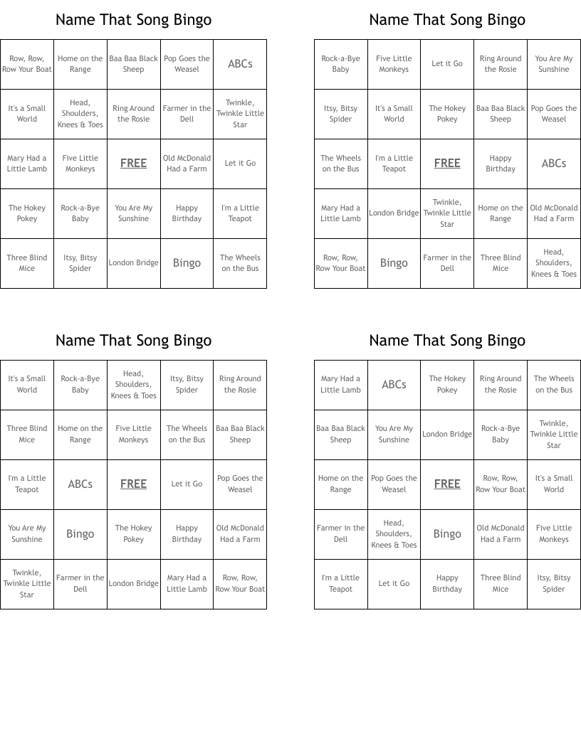 Name That Song Bingo