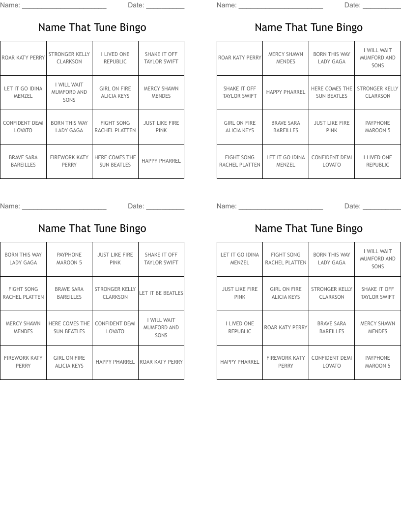 Name That Tune Bingo