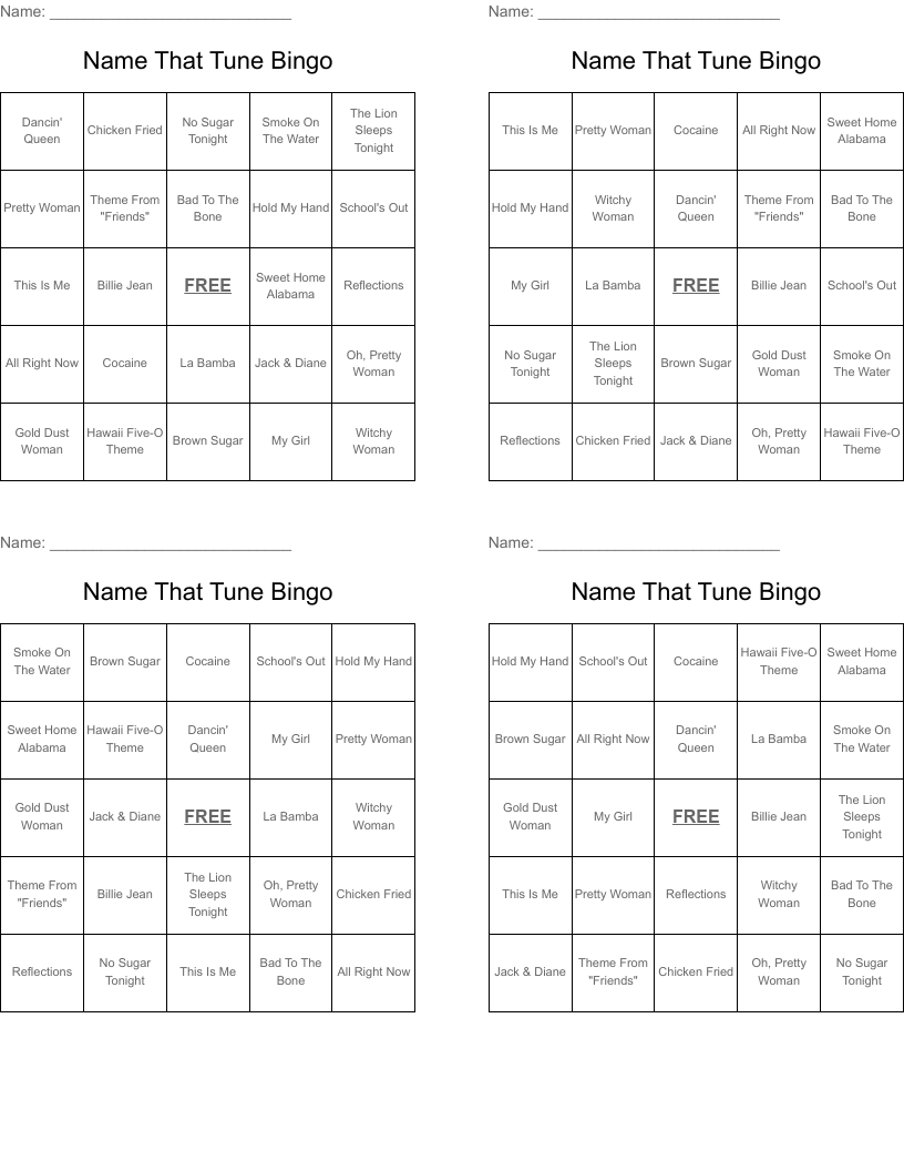 Name That Tune Bingo