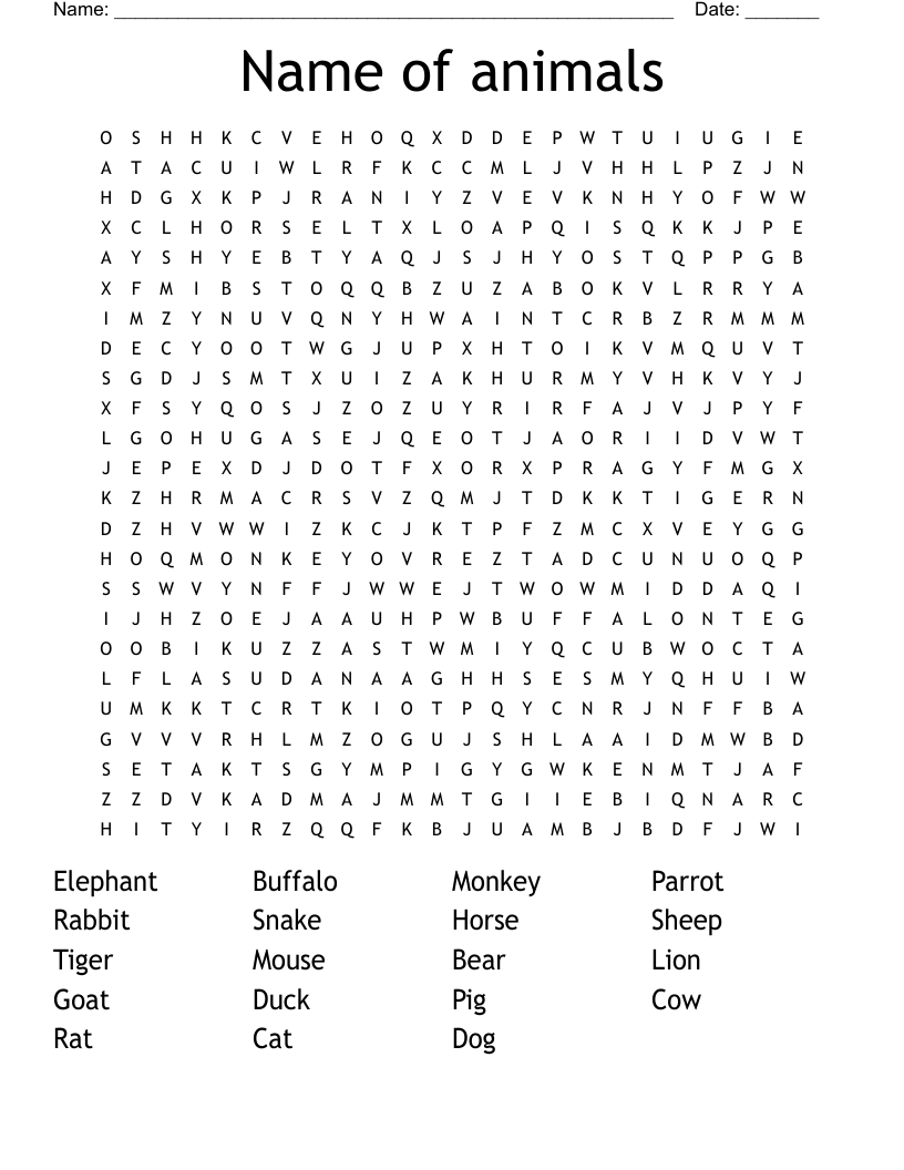 Name of animals Word Search