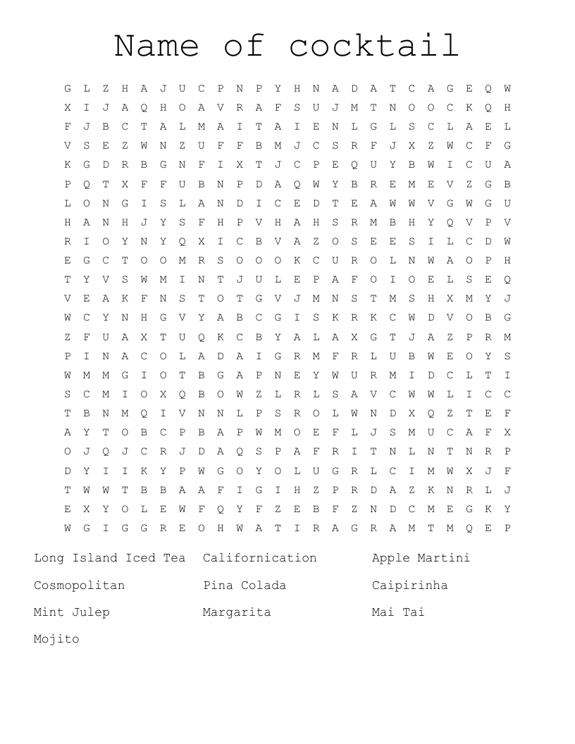 Name of cocktail Word Search