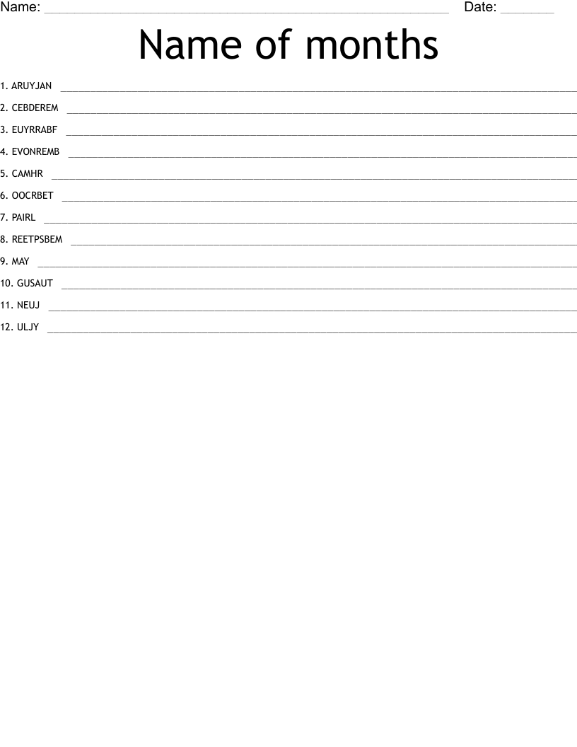 Name of months Word Scramble