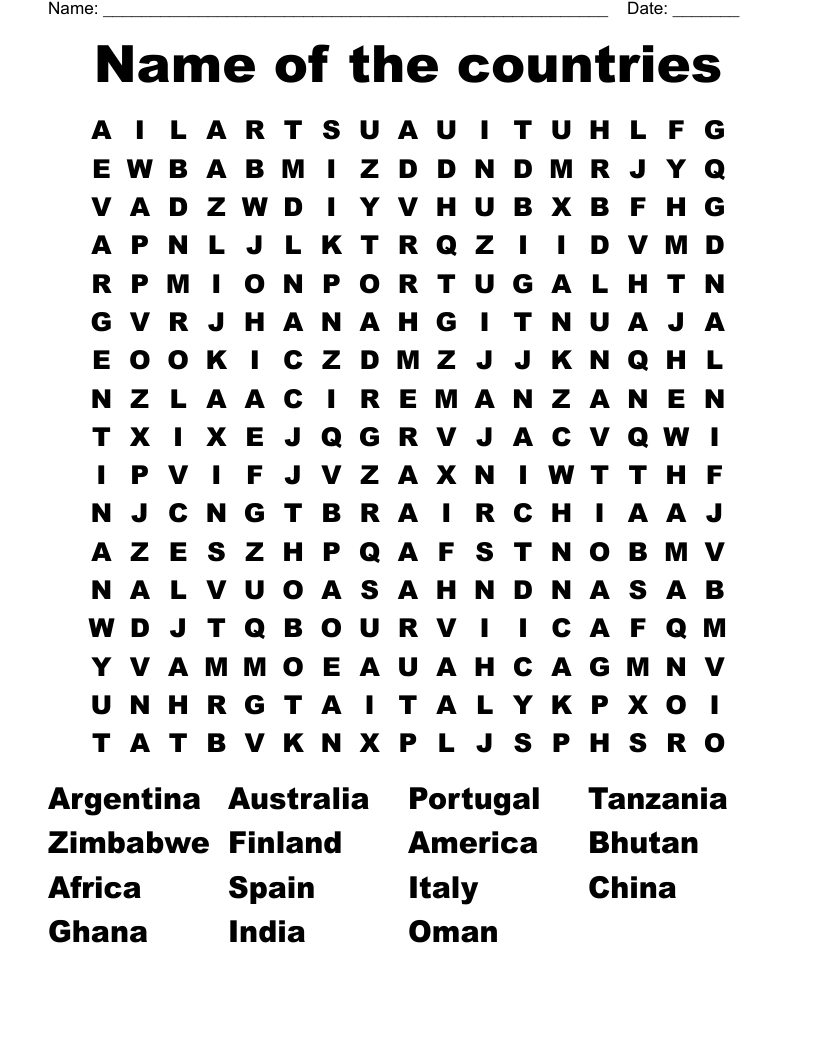 Name of the countries Word Search