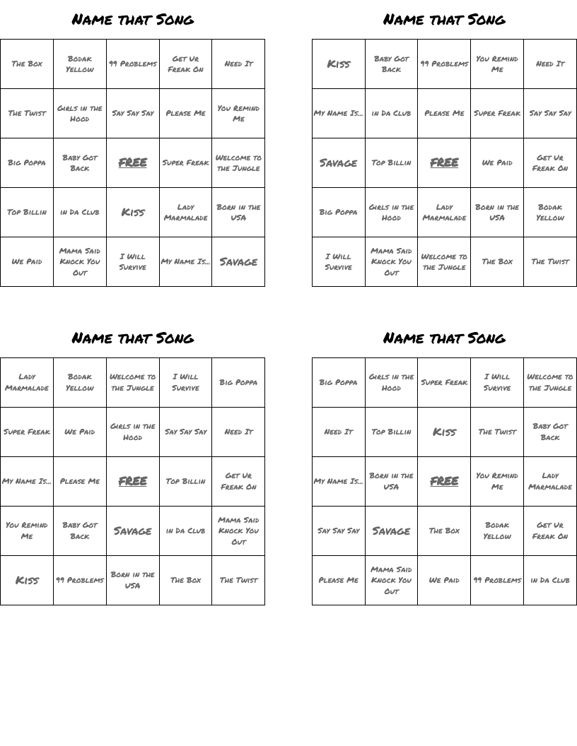 Name that Song Bingo Cards