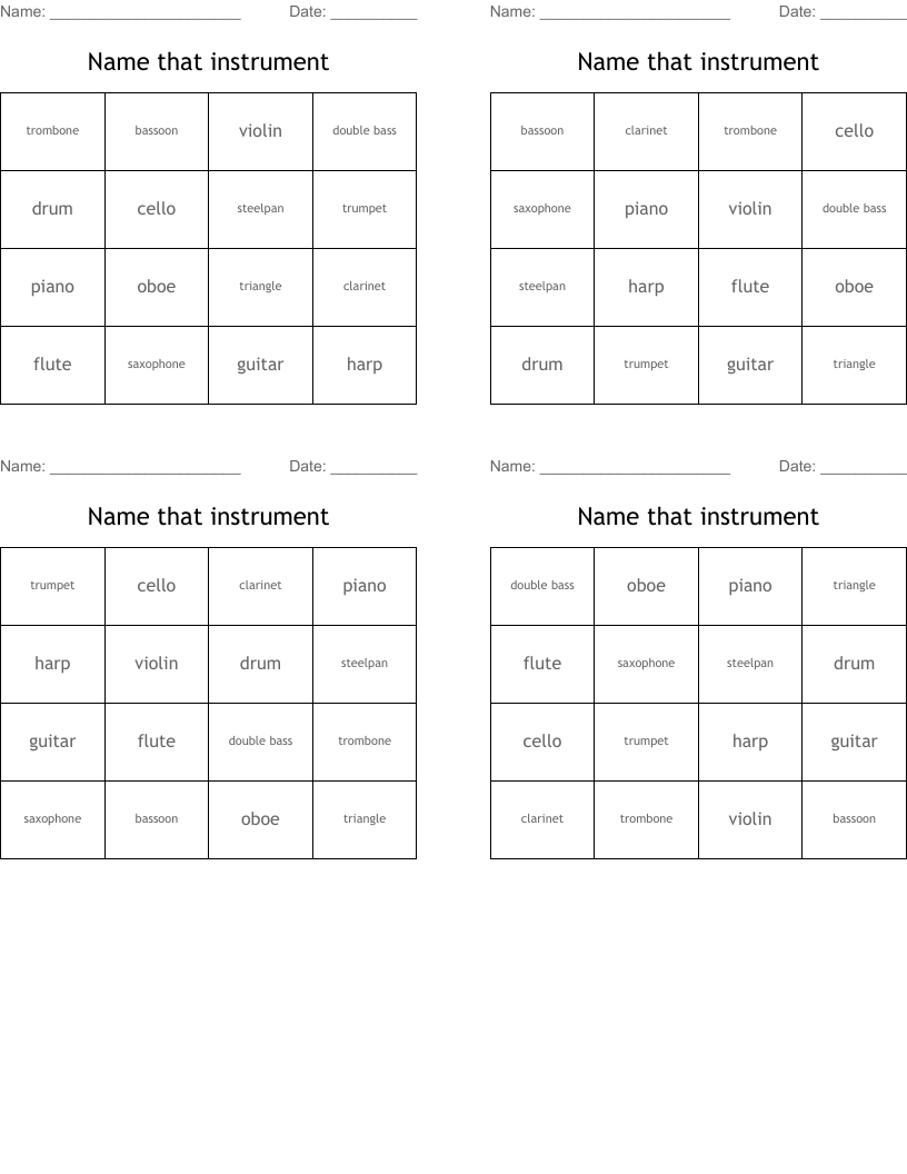 Name that instrument Bingo Cards