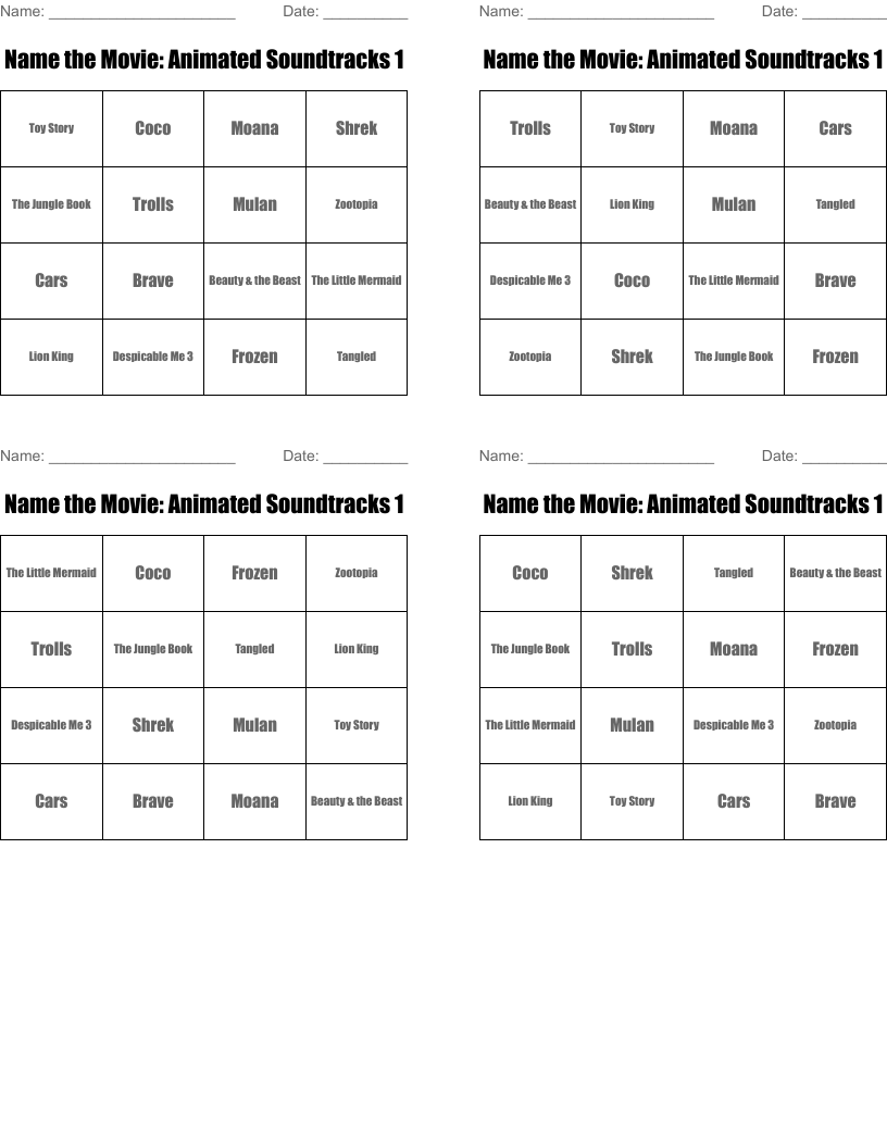 Name the Movie: Animated Soundtracks 1 Bingo Cards
