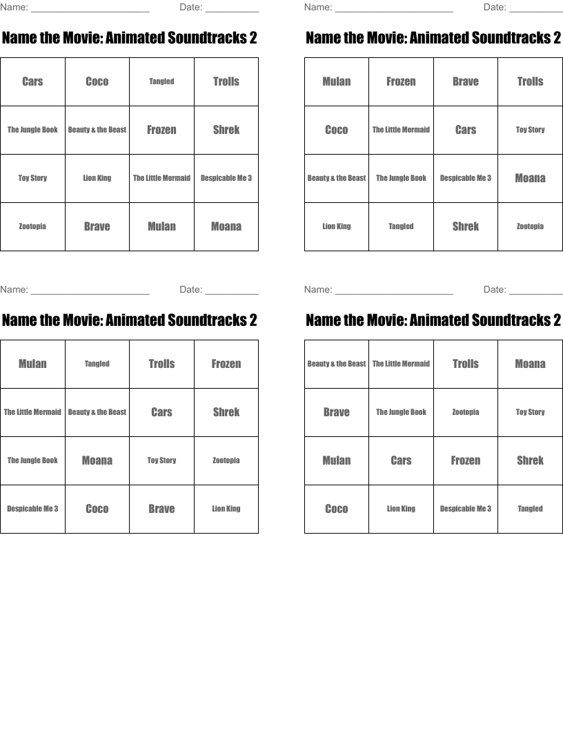 Name the Movie: Animated Soundtracks 2 Bingo Cards