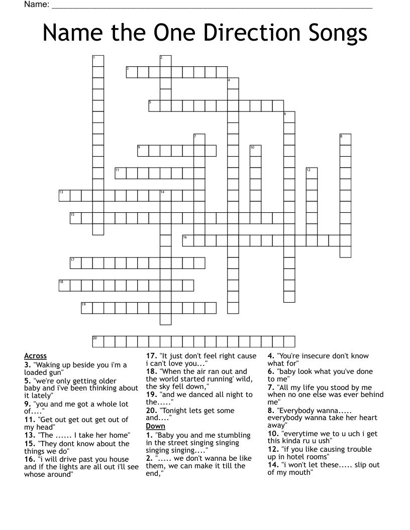 Name the One Direction Songs Crossword
