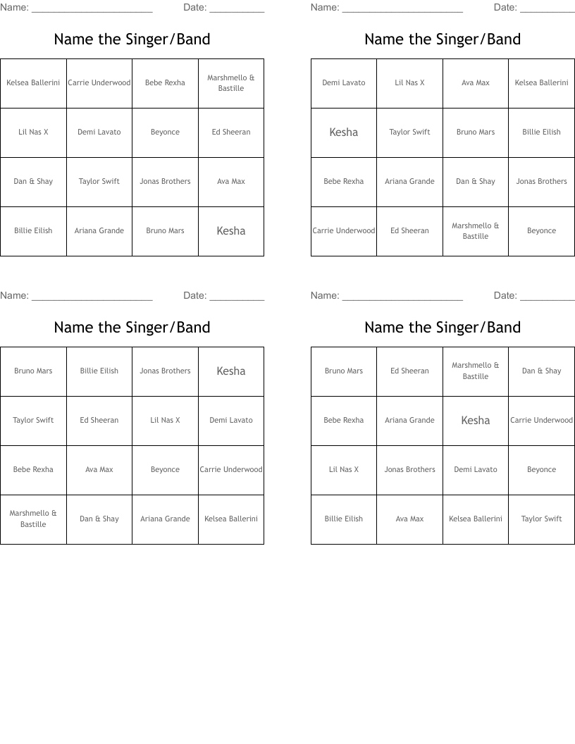 Name the Singer/Band Bingo Cards