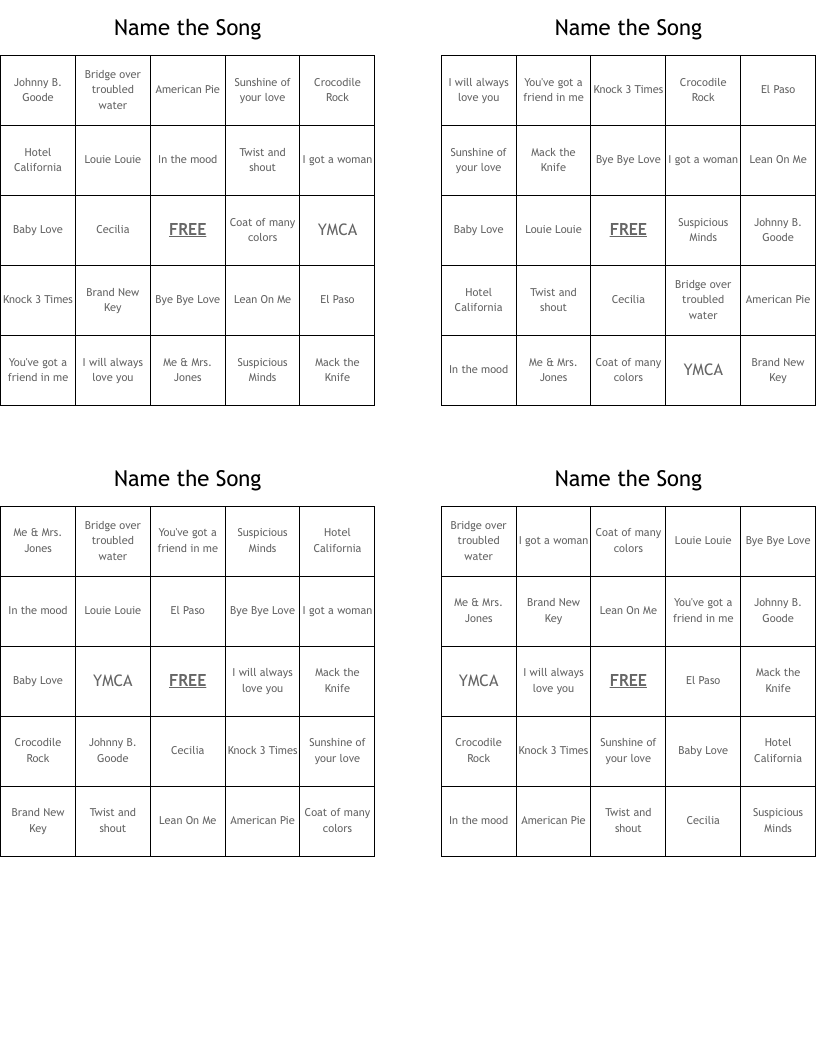 Name the Song Bingo Cards