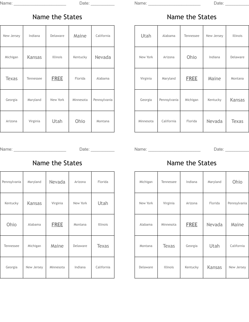 Name the States Bingo Cards