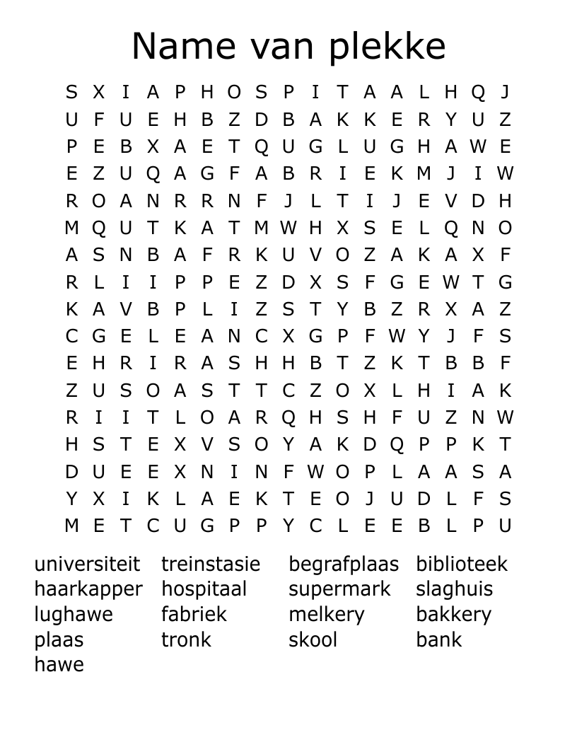 Name van plekke Word Search