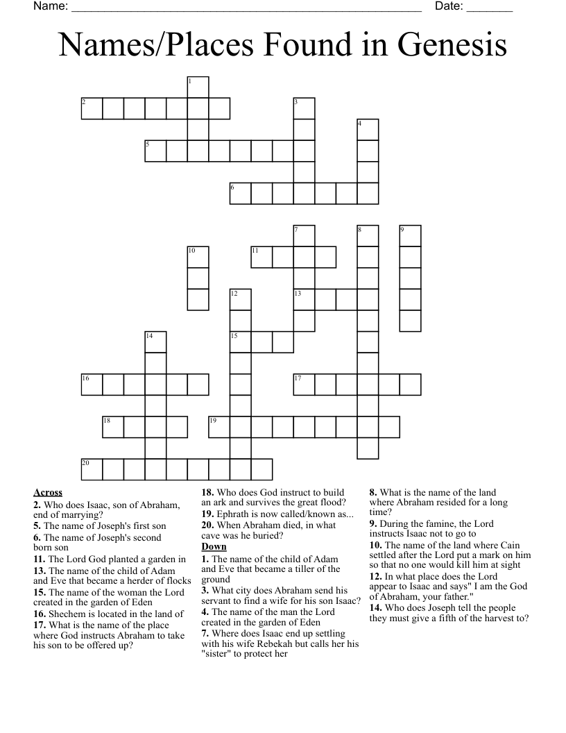 Names/Places Found in Genesis Crossword