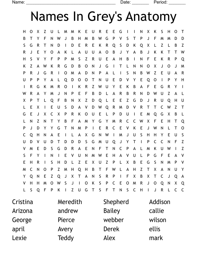 Names In Grey's Anatomy  Word Search