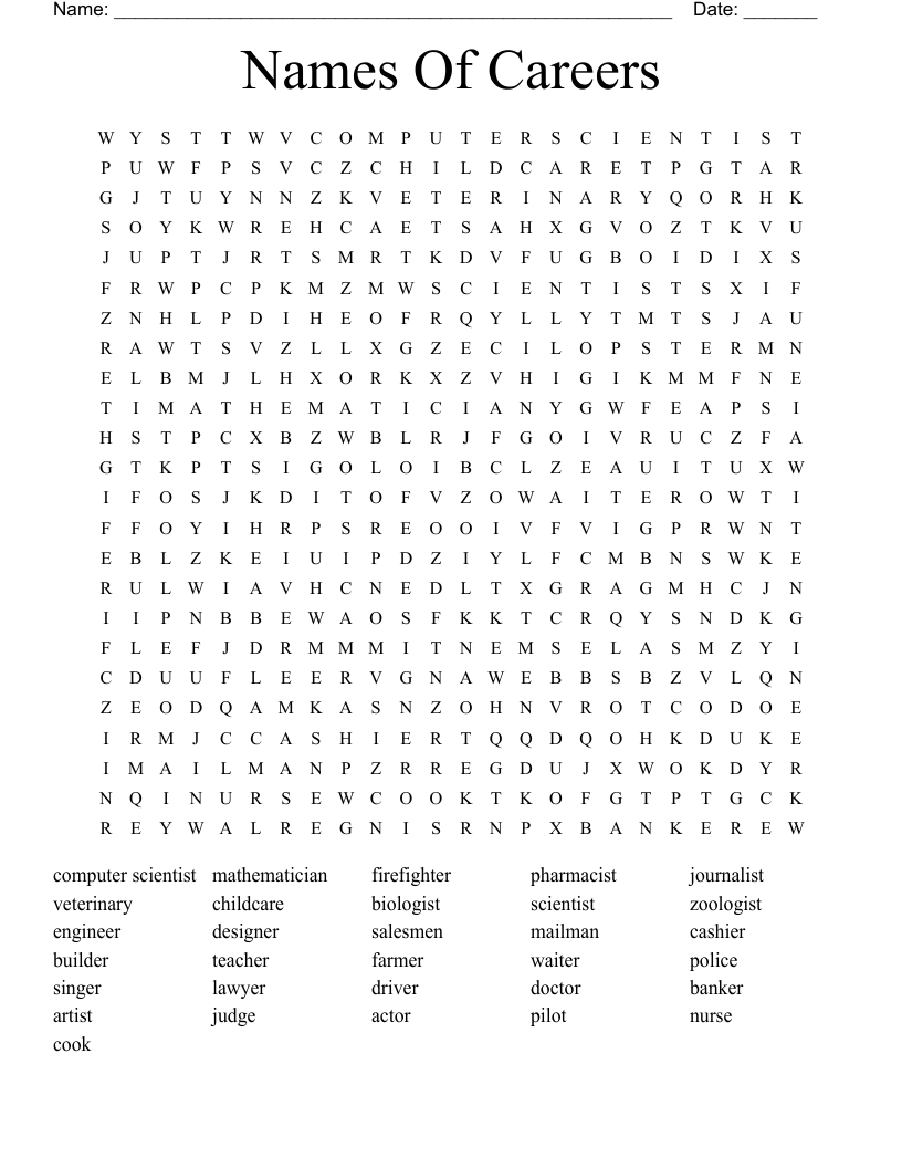 Names Of Careers Word Search