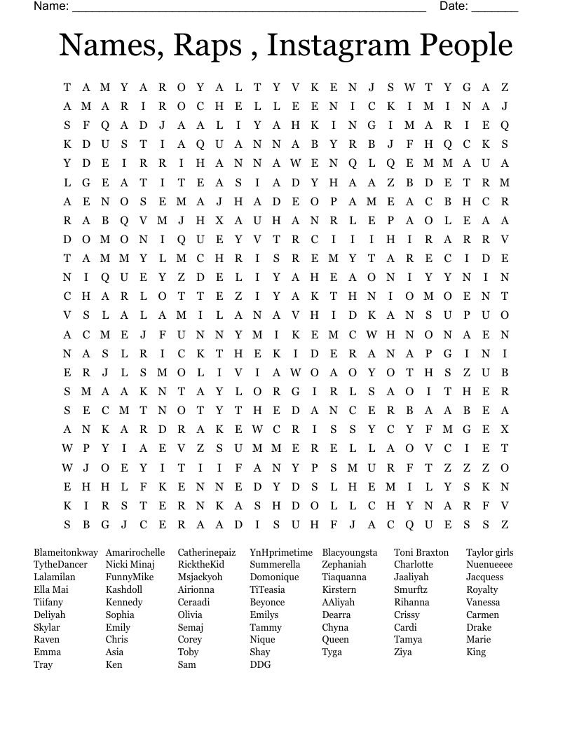 Names, Raps , Instagram People Word Search