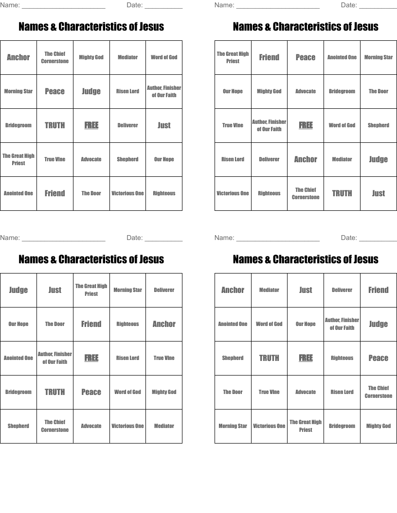 Names & Characteristics of Jesus Bingo Cards