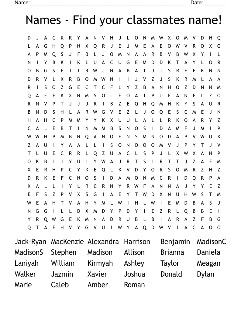 Names - Find your classmates name! Word Search