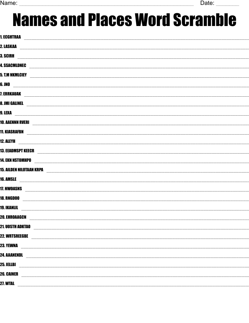 Names and Places Word Scramble