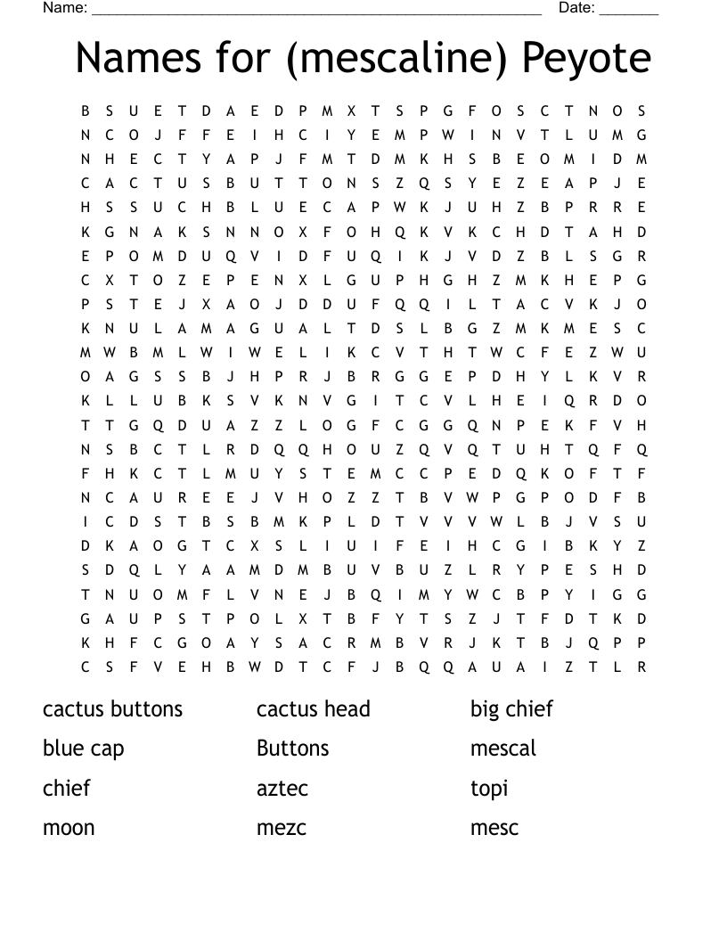 Names for (mescaline) Peyote Word Search