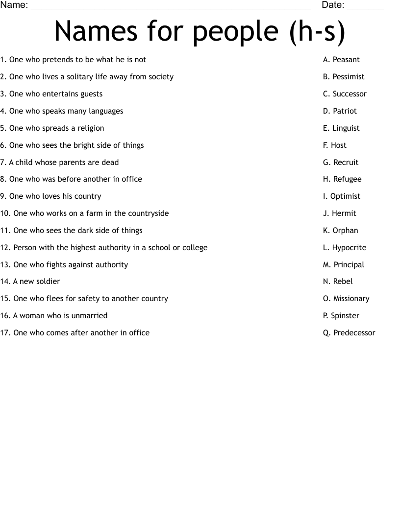 Names for people (h-s) Worksheet