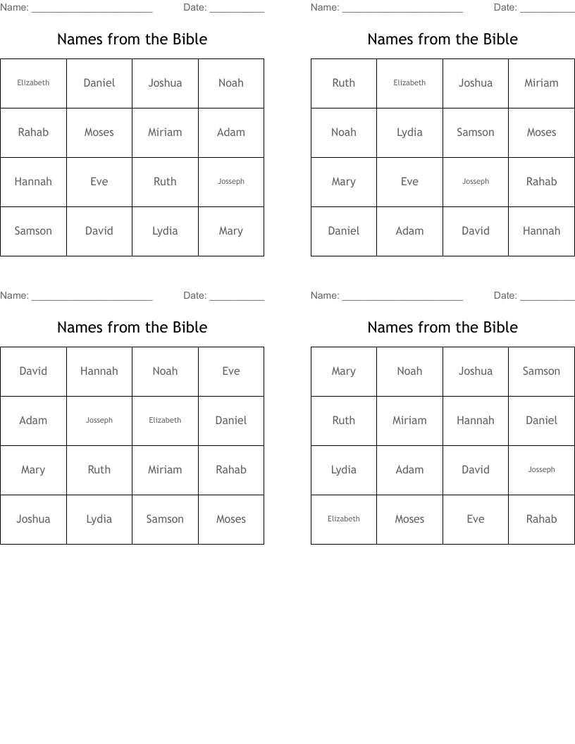 Names from the Bible Bingo Cards