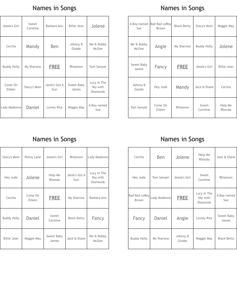 Names in Songs Bingo Cards