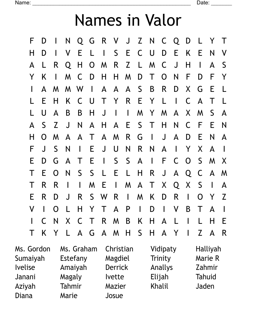Names in Valor Word Search